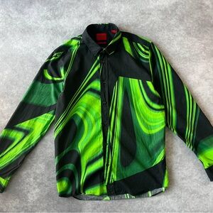 HUGO BOSS Hugo Green Black Abstract Print Shirt Straight Fit Size L